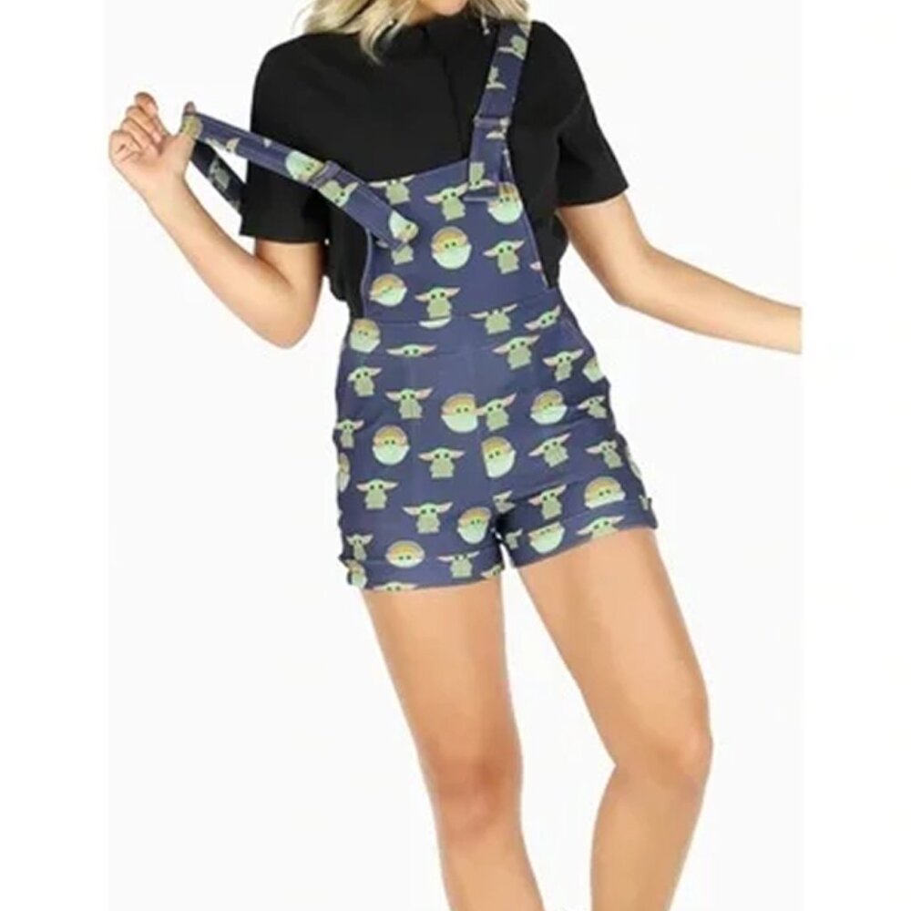 Blackmilk Green Baby Yoda Print Short Overalls Romper